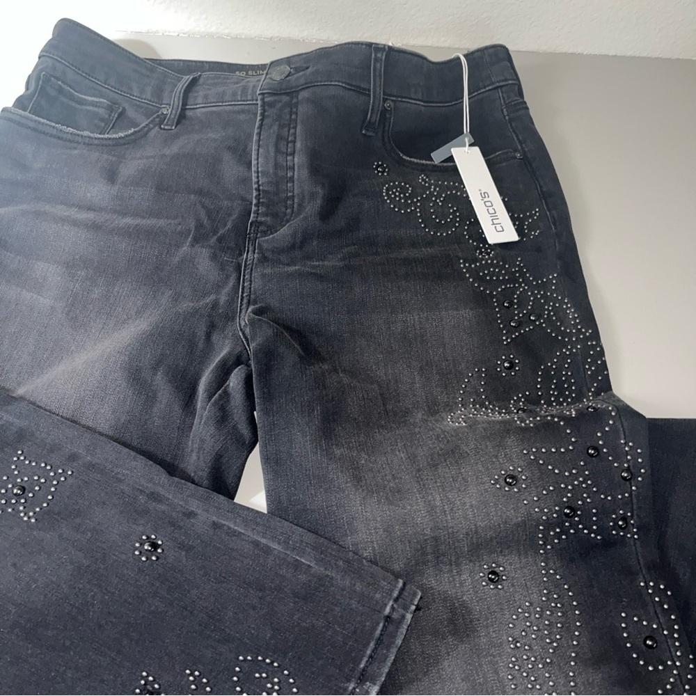 Chico's Black Boot Cut Flare Pants with Embellished Design